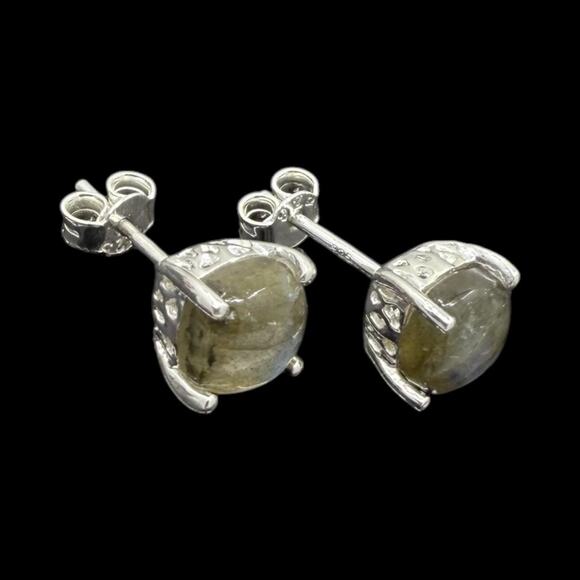 Natural Labradorite Cabochon Stud Earrings 925 Sterling Silver Handmade - Picture 3 of 5